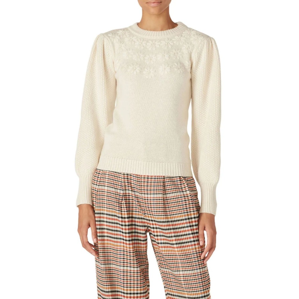 Louna Floral Embroidered Sweater Womens Medium Ivory Puff Sleeve Wool Blend